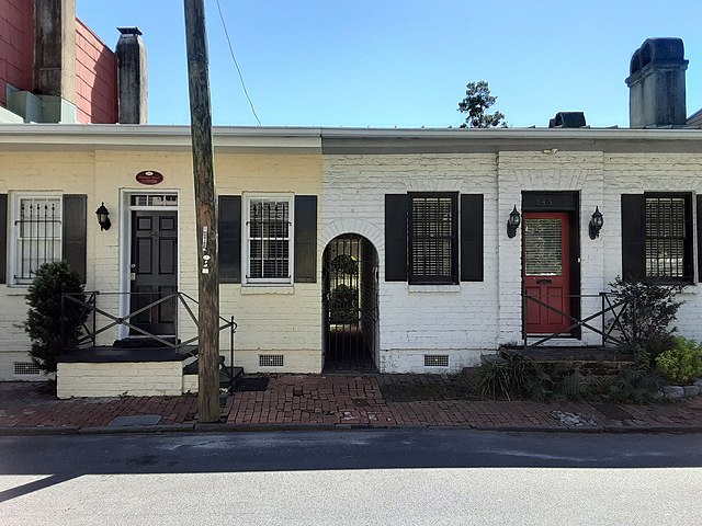 Two of three buildings at 541–545 East Congress Street that Williams restored in 1955, his first project in Savannah