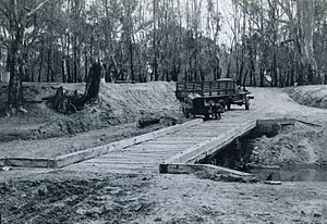 A timber bridge built by sappers from 91 Forestry Squadron (RAE) at Cobram - circa 1969. Source: Oliver Raymond. FCRPA* collection. 91 Forestry Sq - Cobram Bridge.jpg