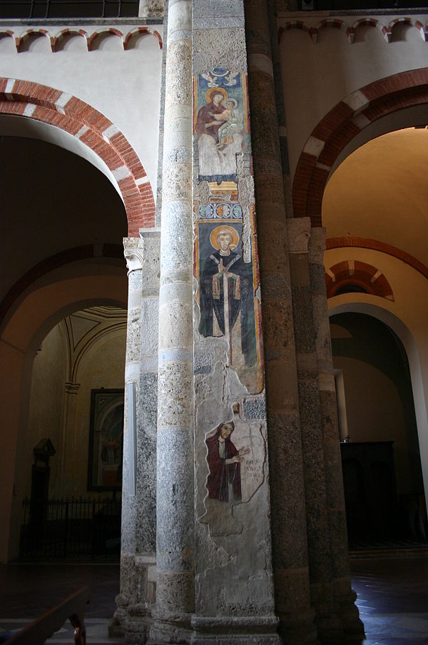 13th-century frescoes from Milan: Madonna and Child, Saint Ambrose, and the donor Bonamico Taverna)