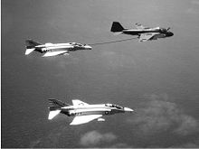 Two VF-151 F-4Bs refueling over the Gulf of Tonkin, in 1966. A-6A of VA-65 refuels two VF-151 F-4Bs over Gulf of Tonkin 1966.jpg