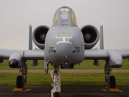 Front view of an A-10 showing the 30 mm cannon and offset front landing gear