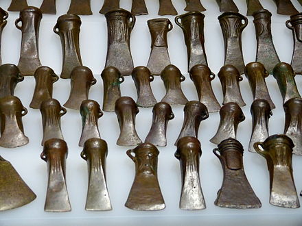A collection of bronze socketed axe blades from the Bronze Age found in Germany. This was the prime tool of the period, and also seems to have been used as a store of value.