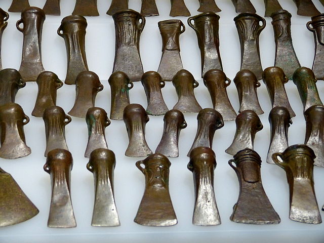 A collection of bronze socketed axe blades from the Bronze Age found in Germany. This was the prime tool of the period, and also seems to have been us