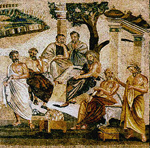 Mosaic: seven men standing under a tree