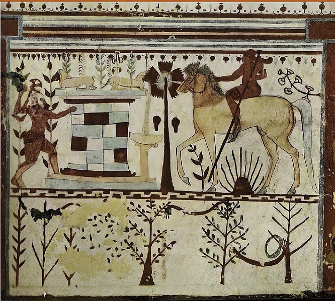 File:Achilles ambushing Troilus (on horseback) Etruscan fresco, Tomb of the Bulls, Tarquinia, 530–520 BCE.jpg