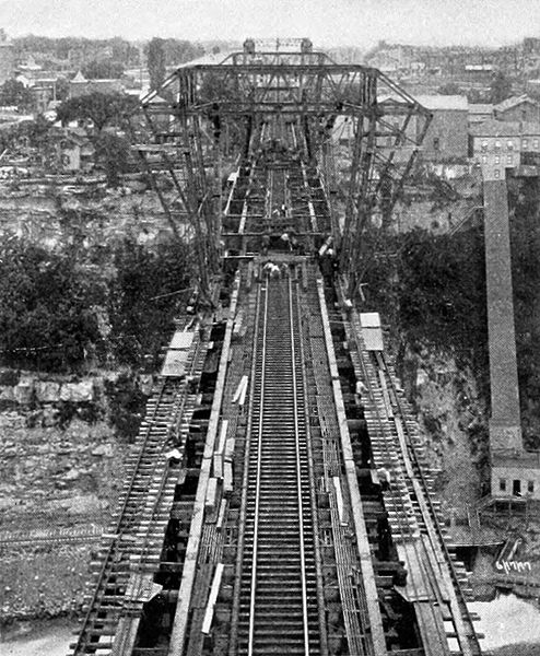 File:Aerial view of the conversion of Niagara Falls Suspension Bridge (suspension cables down).jpg