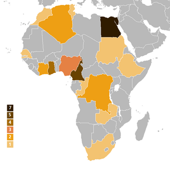 Map of countries times titles as of 2021 Africa Cup of Nations. Africa cup of Nations champions as of 2019.png