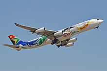 A South African Airways Airbus A340 in the 2012 Summer Olympics Livery Airbus A340-313E 'ZS-SXD' South African Airways (15566075253).jpg