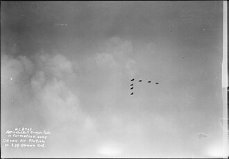 Wapitis of the squadron flying over Rockcliffe in a V formation, 30 August 1939 Aircraft in V formation, No. 3 Squadron RCAF 1939.jpg