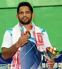 Amit Dhankar (India) memenangkan medali Emas di 70Kg laki-Laki gulat, pada tanggal 12 South Asian Games-2016, di Guwahati pada 07 februari 2016.jpg