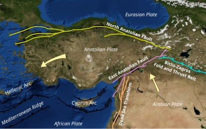 Map of plate boundaries affecting Turkey Anatolian Plate Vectoral.svg