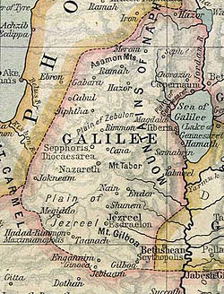 A 1923 map showing Galilee circa 50 AD. Capernaum is in the upper right while Nazareth is towards the centre. Ancient Galilee.jpg