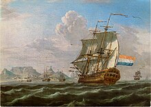 Dutch ships in Table Bay docking at the Cape Colony at the Cape of Good Hope, 1762. Anonymous The Noord-Nieuwland in Table Bay, 1762.jpg