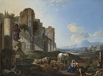 遺跡と羊飼いが描かれたイタリア風風景画