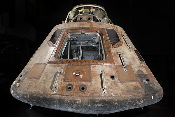 The Apollo 11 Command Module Columbia carried astronauts Buzz Aldrin, Neil Armstrong, and Michael Collins to the Moon and back during the first human 