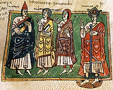 Ilustrace z prvního koncilu v Braze, zobrazující Ariamira (vpravo) s biskupy Lucretiem, Ondřejem a Martinem z Dumia. Ilustrace z Codex Vigilanus (10. století)