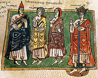 Theodemar (right) with the bishops Lucretius, Andrew and Martin. From the Codex Vigilanus, Escorial Library. Ariamirogaliza.jpg