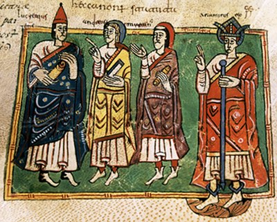 Theodemar (or Ariamir), king of Galicia with the bishops Lucrecio, Andrew, and Martin. Codex Vigilanus (or Albeldensis), Escurial library