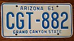 Plaque d'immatriculation 1961 Arizona - Numéro CGT-882.jpg