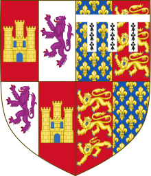 Coat of arms of John of Gaunt asserting his claim to the throne of Castile and Leon. Thomas Foljambe was attorney for Derbyshire gentry who fought in his Iberian campaigns. Arms of John of Gaunt, King of Castile.svg