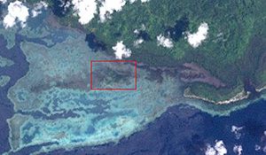 NASA satellite image of the Awulu Islands (framed in red).