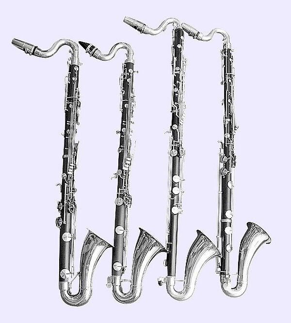 Four modern short bass clarinets, from left to right Leblanc L400, Signet Selmer 1430P, E. M. Winston, Leblanc 330S