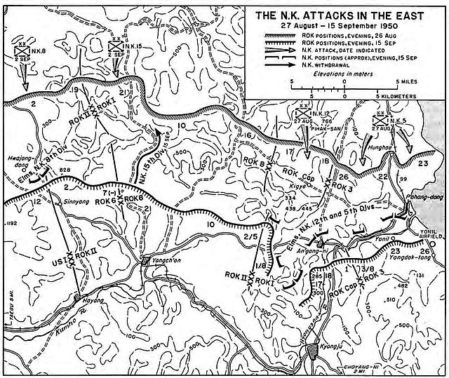 Topographic map showing North Korean units advancing along a coastal area