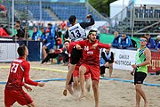 Deutsch: Beachhandball Europameisterschaften 2019 (Beach handball Euro); Tag 3: 4. Juli 2019 – Männer, Hauptrunde Gruppe II, Ungarn-Schweiz 2:0 (26:24, 27:24) English: Beach handball Euro; Day 3: 4 July 2019 – Men Main Round Group II – Hungary-Switzerland 2:0 (26:24, 27:24)