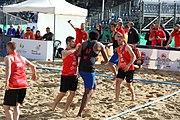 Deutsch: Beachhandball Europameisterschaften 2019 (Beach handball Euro); Tag 1: 2. Juli 2019 – Männer, Vorrunde Gruppe D, Frankreich-Montenegro 2:0 (19:7, 18:9) English: Beach handball Euro; Day 1: 2 July 2019 – Men Preliminary Round Group D – France-Montenegro 2:0 (19:7, 18:9)