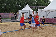 Deutsch: Beachhandball bei den Olympischen Jugendspielen 2018; Tag 4, 11. Oktober 2018; Jungs, Vorrunde, Gruppe B - Spanien-Kroatien 2:0 English: Beach handball at the 2018 Summer Youth Olympics at 11 October 2018 – Boys Preliminary Round Group B‎ – Spain-Croatia 2:0