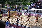 Deutsch: Beachhandball bei den Olympischen Jugendspielen 2018; Tag 3, 10. Oktober 2018; Mädchen, Vorrunde, Gruppe B - Niederlande-Argentinien 2:0 English: Beach handball at the 2018 Summer Youth Olympics at 10 October 2018 – Girls Preliminary Round Group B‎ – Netherlands-Argentina 2:0