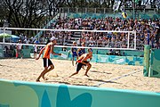 Deutsch: Beachvolleyball bei den Olympischen Jugendspielen 2018; Tag 11, 17. Oktober 2018; Jungen,Finale – Niederlande (Matthew Immers/Yorick de Groot)-Schweden (David Åhman/Jonatan Hellvig) 0:2 (20–22/15–21) English: Beach volleyball at the 2018 Summer Youth Olympics at 17 October 2018 – Final – Netherlands (Matthew Immers/Yorick de Groot)-Sweden (David Åhman/Jonatan Hellvig) 0:2 (20–22/15–21)