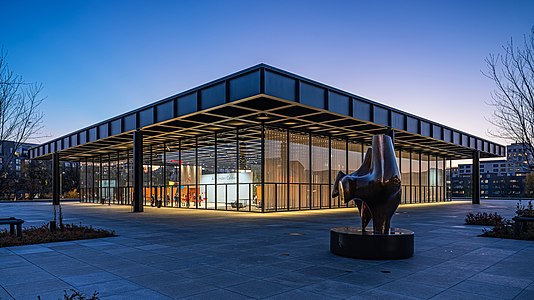 Neue Nationalgalerie Berlin, east and north facade, with Three Way Piece No. 2: The Archer by Henry Moore