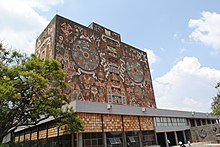 Juan O'Gorman's mural Historical Representation of Culture covers the entire facade of the upper ten floors. Biblioteca Central de la UNAM - 8.jpg