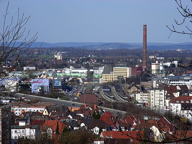 Station (centre), central post office (right), new station district (left), municipal utility (including power station) and Miele company (behind), Os