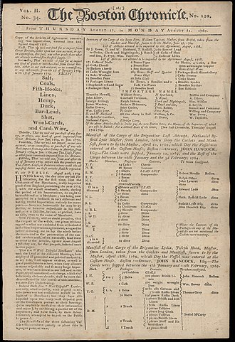 The Boston Chronicle page which contains the Boston Non-importation agreement of 1768. It also contains lists of importers who broke the agreement. BostonChronicleNonImportationAgreement.jpg