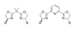 Generic structure of BOX (left) and PyBOX (right) ligands. Box and PyBox.PNG