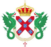 Crowned coat of arms of the house of Braganza supported by 2 dragons