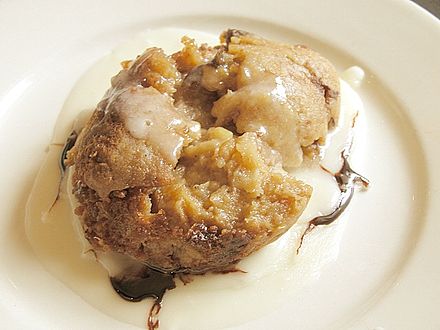 Austin Leslie's Creole bread pudding with vanilla whiskey sauce, from the late Pampy's Restaurant in New Orleans, Louisiana
