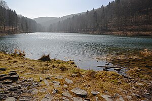 Blick vom Staudamm südsüdwestwärts über den Schmalastausee