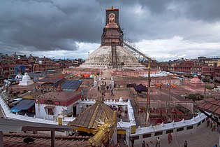Boudhanath temple after earthquake in 2015 of 7.8 magnitude in the process of rebuilding.