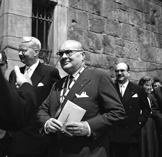 Spaak photographed receiving the Charlemagne Prize in 1957