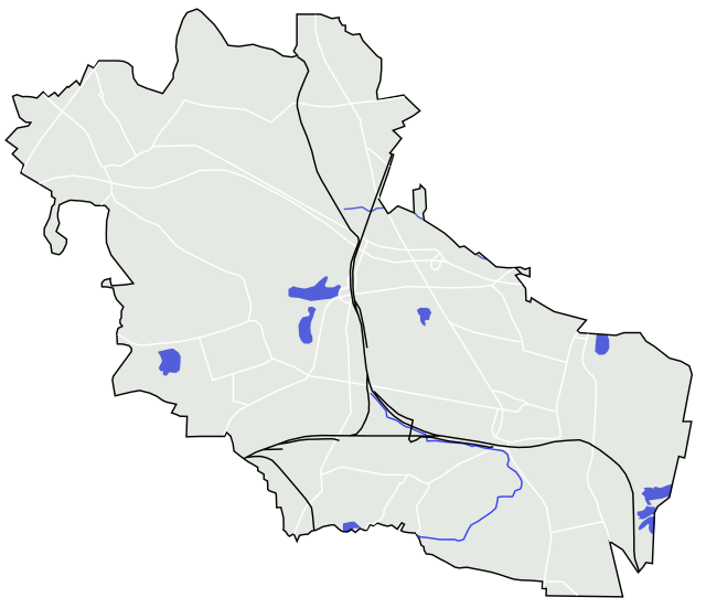 Mapa konturowa Bytomia, blisko centrum na dole znajduje się punkt z opisem „ulica Wrocławska”
