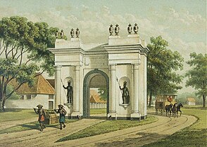 A horse tram passing Batavia's Amsterdam Gate in 1880.