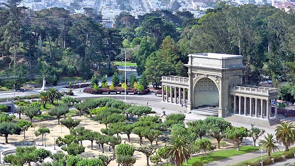 Spreckels Temple of Music and Music Concourse as seen from the de Young Museum in Golden Gate Park