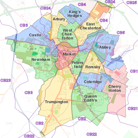 Cambridge UK ward map 2010 coloured on Cambridge-Openstreetmap-08-06-13.svg