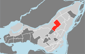 Местоположение Виллерэ-Сен-Мишель-Парк-Расширение на острове Монреаль (серые области указывают на удаленные муниципалитеты). 