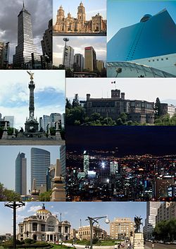 Yukarıdan sola: Torre Latinoamericana, Meksiko Metropol Katedrali, Anillo Periferico, World Trade Center Mexico, Bağımsızlık Meleği, Chapultepec Kalesi, Torre Libertad ile Torre Mayor, Paseo de la Reforma manzarası ve Güzel Sanatlar Sarayı