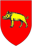 Arms of de Champeaux of Molland: Gules, a boar passant or tusked argent ChampeauxOfMollandArms.PNG