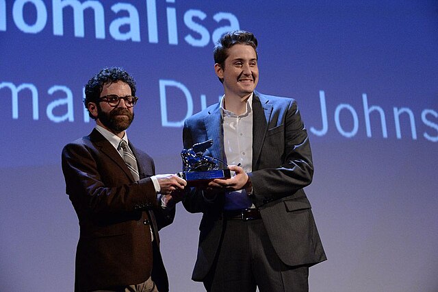 Kaufman (left) and Duke Johnson accepting the Grand Jury Prize for Anomalisa at the Venice Film Festival in 2015.